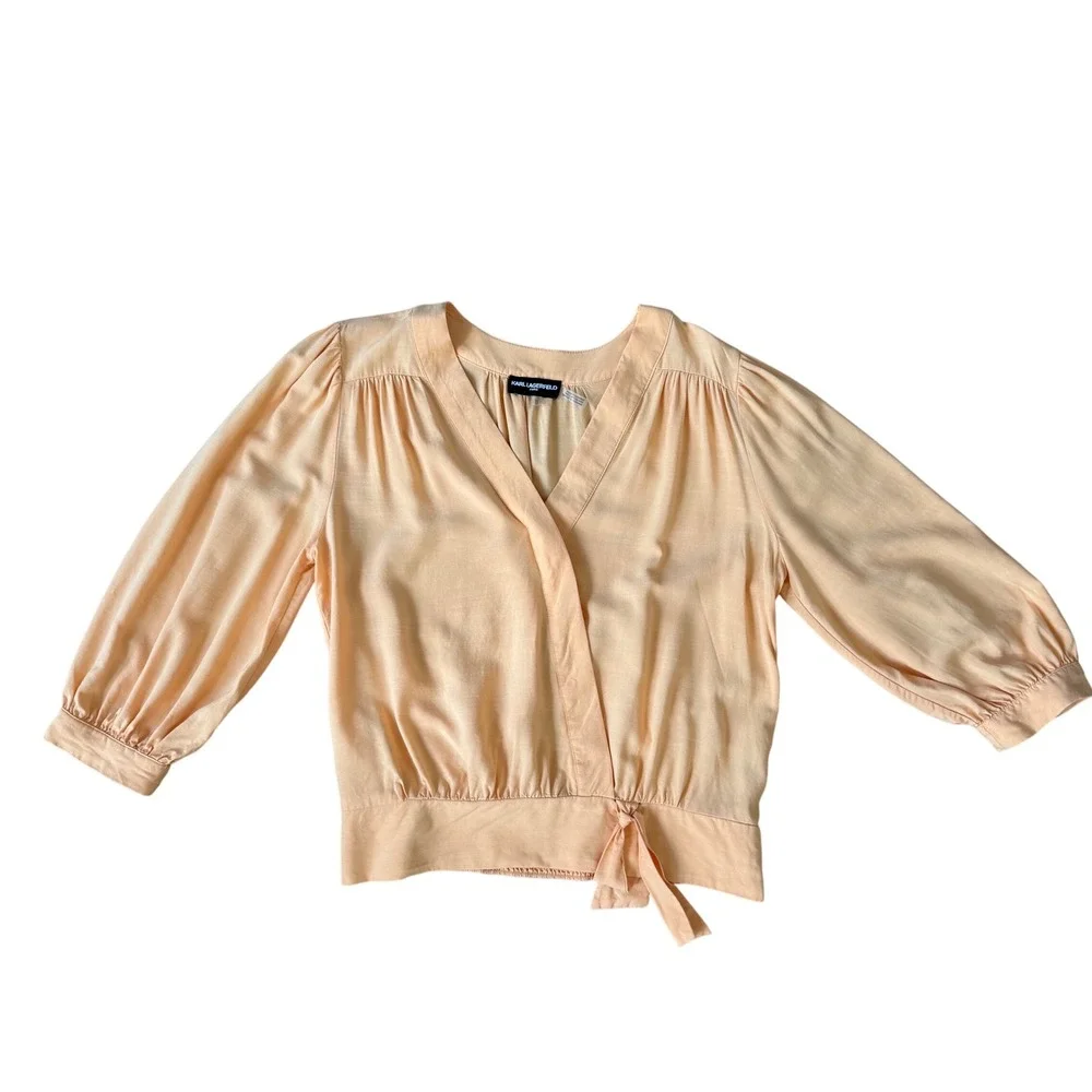 Karl Lagerfeld Paris Peach Wrap Blouse 3/4 Sleeve V-Neck Size M‎ Lyocell Blend